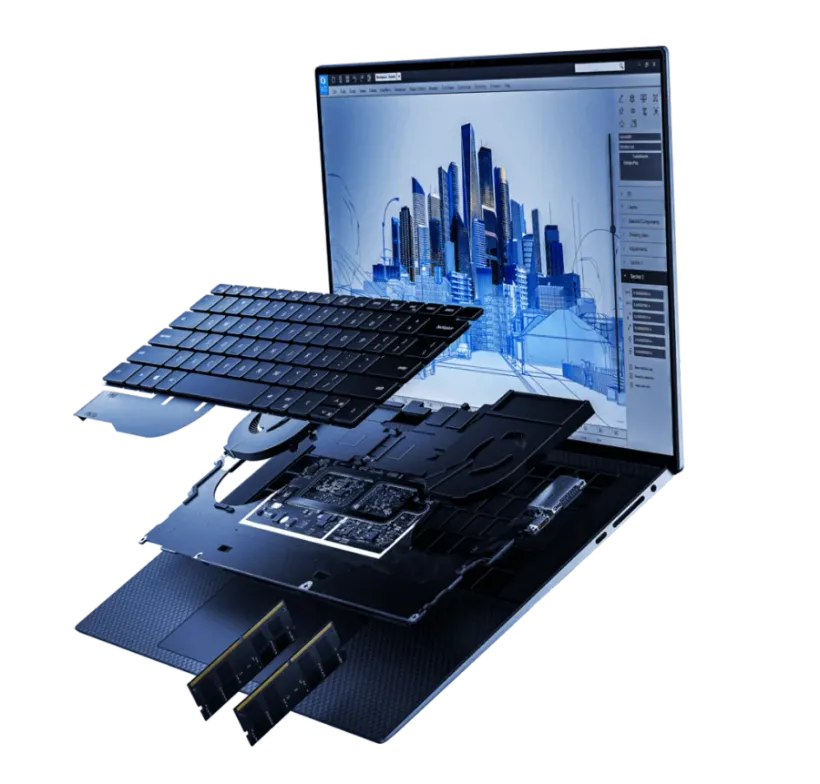 Notebook aberto com teclado, placa e memórias à mostra
