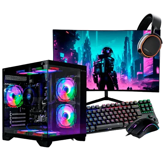 PC gamer com gabinete iluminado, monitor, teclado e headset